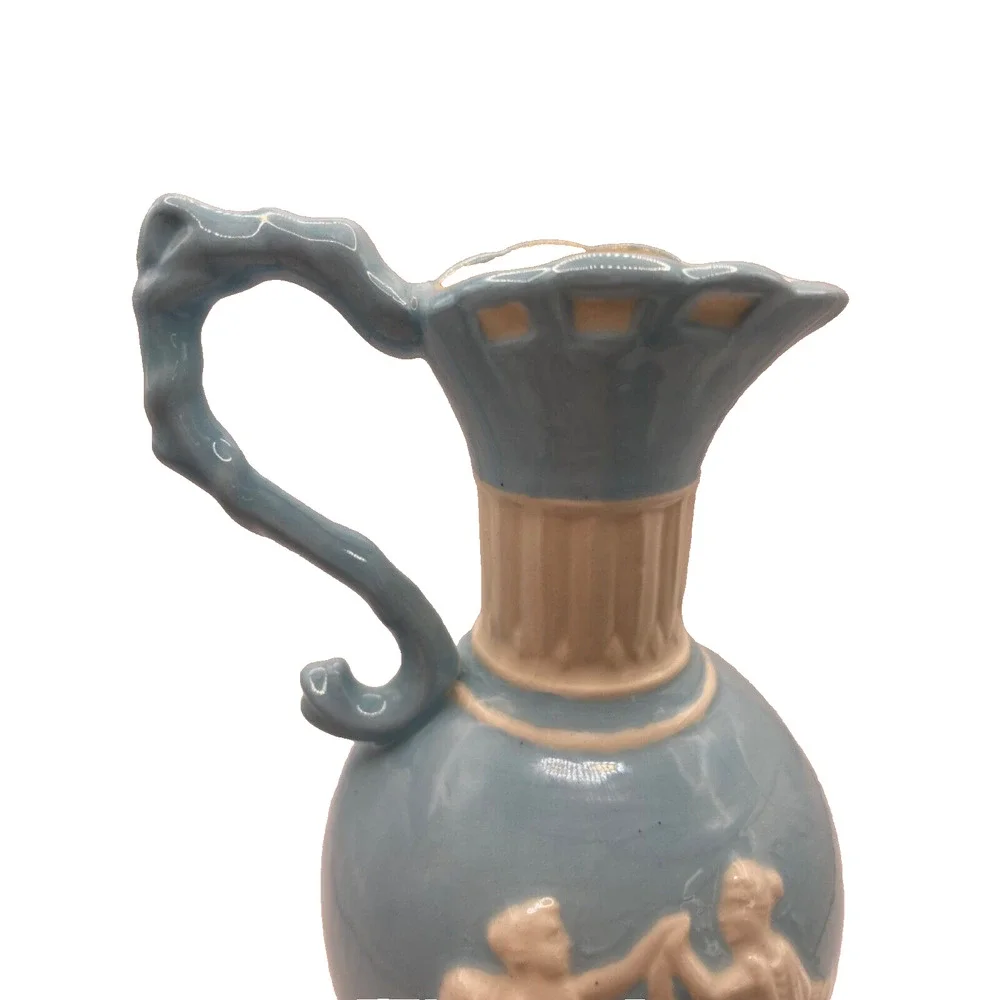Vintage Light Blue Ceramic Greek Mythology Mini Ewer Vase